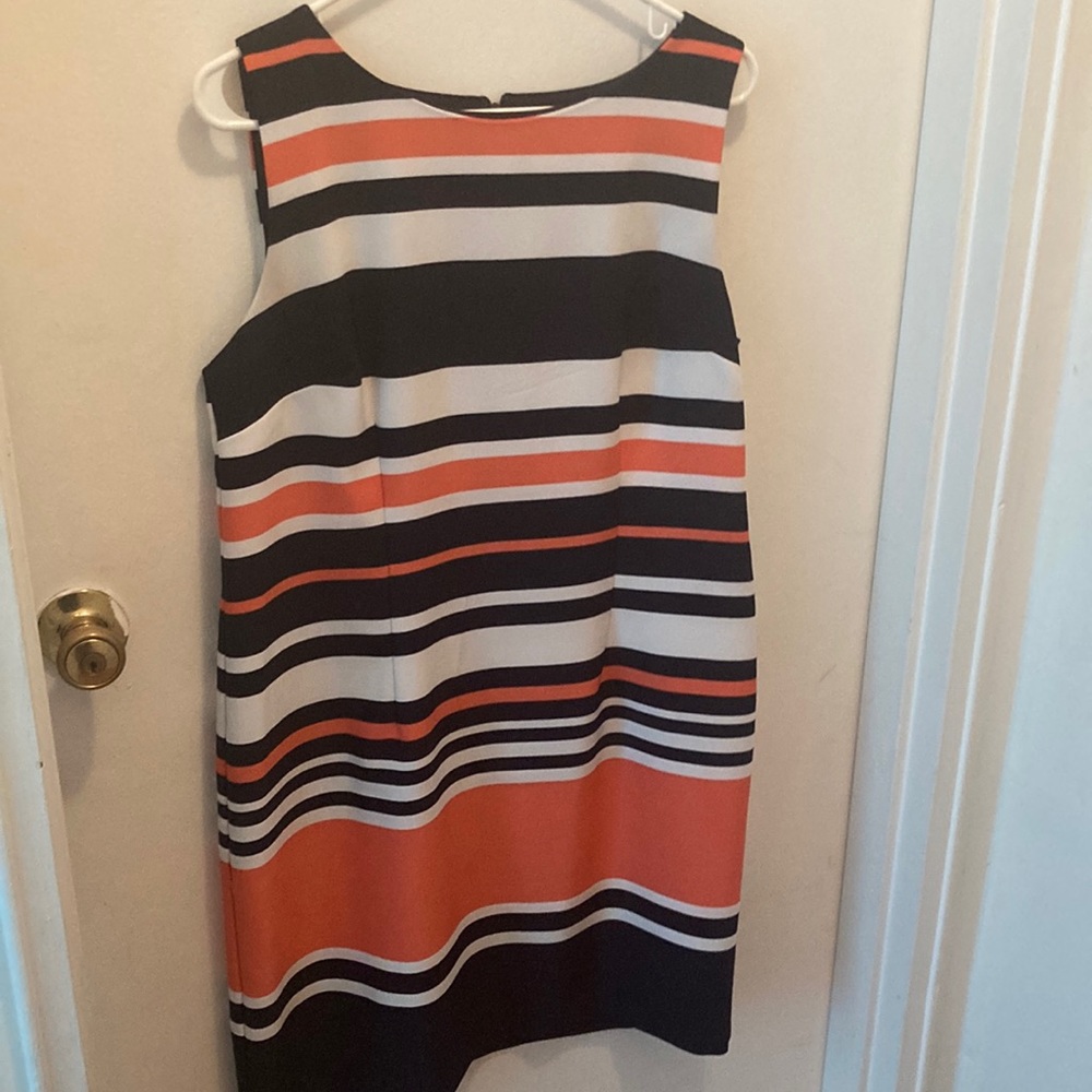 Amanda Lane 14 P orange navy and white striped sleeveless dress